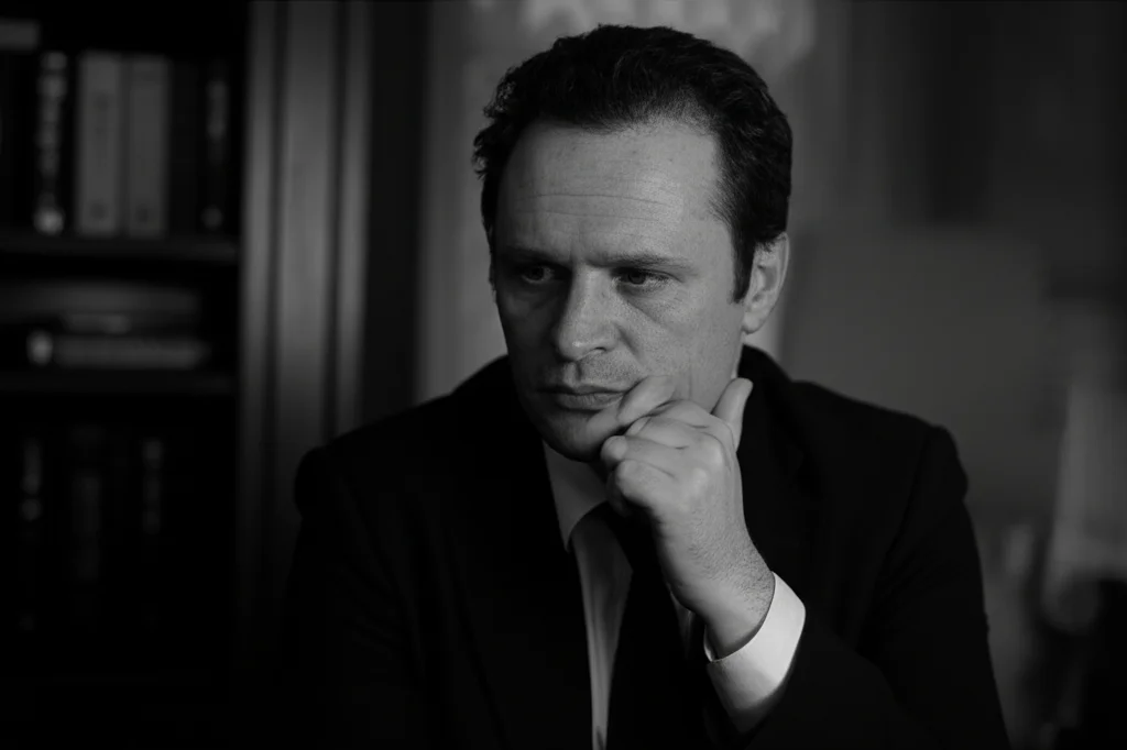 Un professionista in Norvegia riflette sulla denuncia obbligatoria della violenza domestica, simboleggiando il dilemma etico e legale. Portrait photography, 35mm, film noir, depth of field.