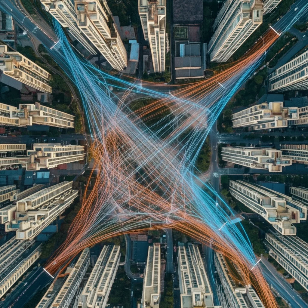 Vista aerea di un denso villaggio urbano cinese, con sovrapposta una grafica di linee di rete luminose (blu e arancioni) che collegano diversi spazi pubblici come piccole piazze e incroci, simboleggiando l'analisi della vitalità spaziale tramite reti complesse. Fotografia aerea, obiettivo grandangolare 20mm, luce diurna diffusa, dettagli nitidi.