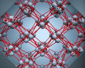 Visualizzazione artistica fotorealistica della struttura atomica del composto intermetallico GdAl2, evidenziando la sua stabilità sotto pressione e temperatura, con effetti luminosi che suggeriscono l'analisi computazionale DFT+AI, stile macro lens 100mm, high detail, controlled lighting.