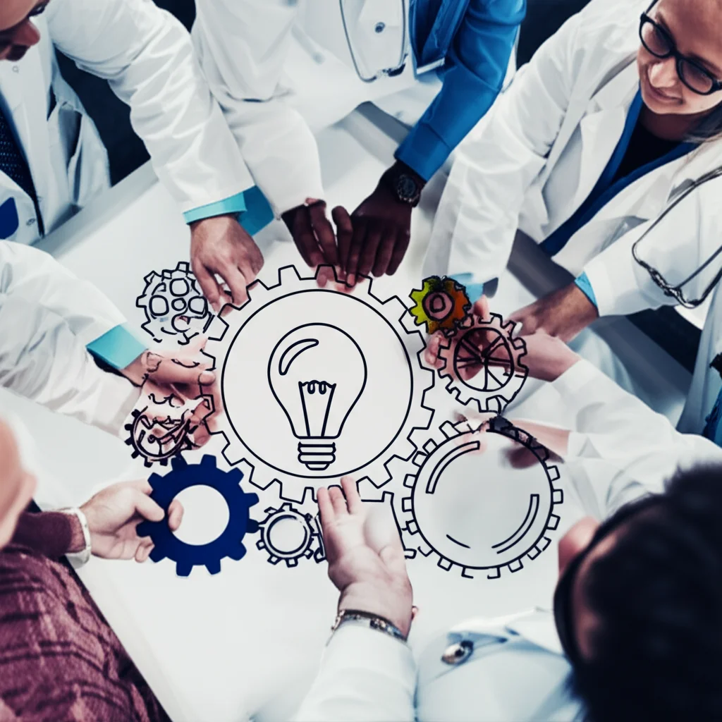 A conceptual image depicting the process of adapting a healthcare intervention, possibly showing gears turning or puzzle pieces fitting together, with diverse people (patients, clinicians, researchers) collaborating around a central idea. Use a 35mm prime lens with depth of field to focus on the collaboration aspect.