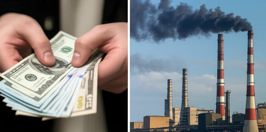 Immagine composita fotorealistica: a sinistra, primo piano di mani che scambiano denaro (obiettivo macro 80mm, alta definizione); a destra, una ciminiera industriale emette fumo scuro (teleobiettivo 200mm, cielo nuvoloso), simboleggiando l'impatto dei prestiti bancari sulle emissioni di carbonio.