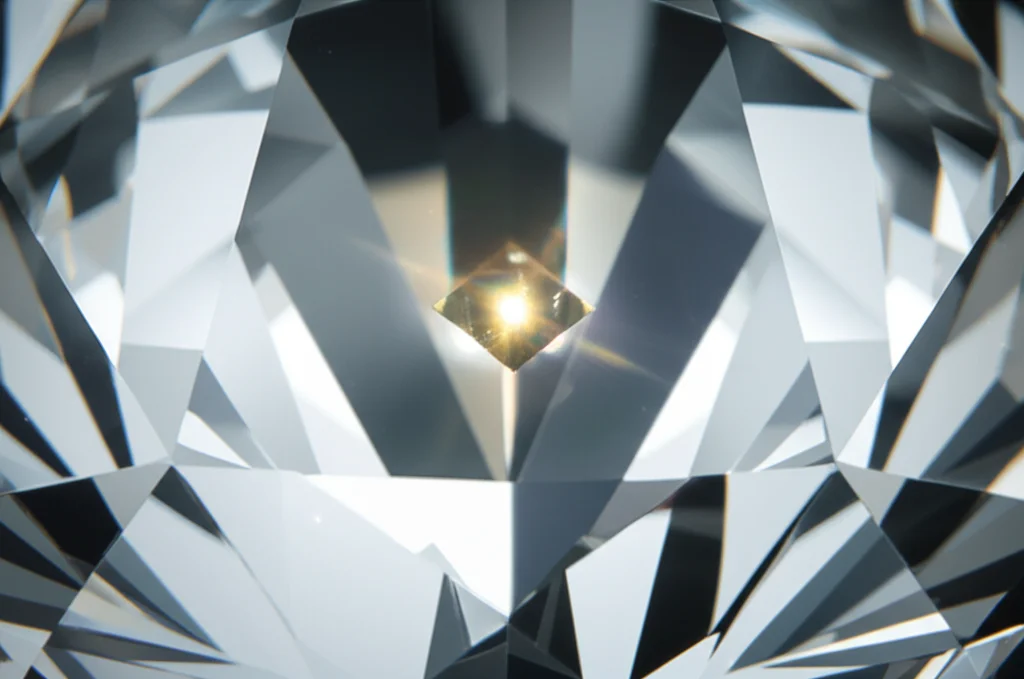 Photorealistic image of a diamond crystal containing a single, glowing nitrogen-vacancy center, viewed with a macro lens at 70mm, showing high detail and controlled lighting.