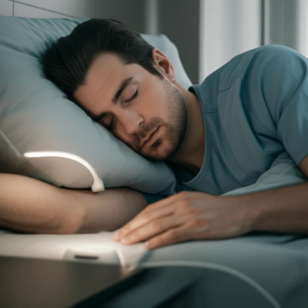 Photorealistic image of a patient sleeping with a non-contact sleep monitor, 35mm portrait, depth of field.