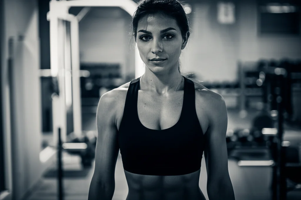 Primo piano intenso di un'atleta donna in palestra, luce drammatica stile film noir, obiettivo 35mm, focus sulla sua espressione combattuta tra determinazione e stress psicologico, duotono blu e grigio per enfatizzare la complessità emotiva legata all'uso di steroidi.