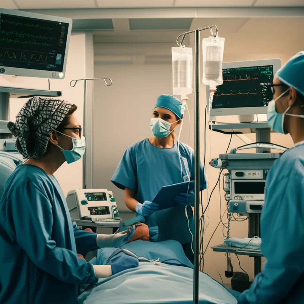 Un'equipe medica multidisciplinare (intensivista, chirurgo, dietologo) in una moderna unità di terapia intensiva discute animatamente attorno a un letto di paziente, con monitoraggio avanzato e attrezzature per il supporto nutrizionale visibili, prime lens, 35mm, depth of field, illuminazione clinica ma calda per sottolineare la collaborazione.