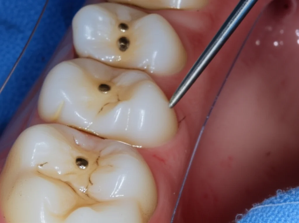 Vista attraverso un microscopio operatorio dentale durante una procedura endodontica, mostrando un primo piano estremo del canale radicolare di un dente mentre viene otturato con un materiale bioceramico (MTA), illuminazione chirurgica intensa, alta magnificazione, dettagli nitidi del materiale e delle pareti del canale, obiettivo macro 90mm.
