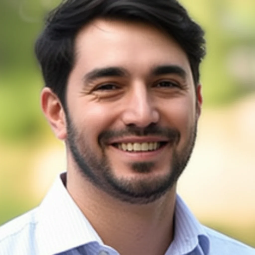 Ritratto uomo sorridente con denti sani, obiettivo da ritratto 50mm, luce naturale, sfondo sfocato.