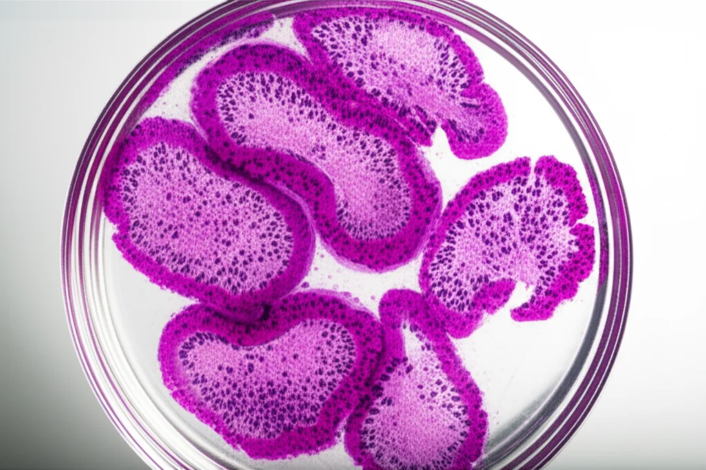 Immagine macro ad alta definizione di tessuto intestinale infiammato in una piastra di Petri, illuminazione controllata per evidenziare i dettagli cellulari, obiettivo macro 100mm.