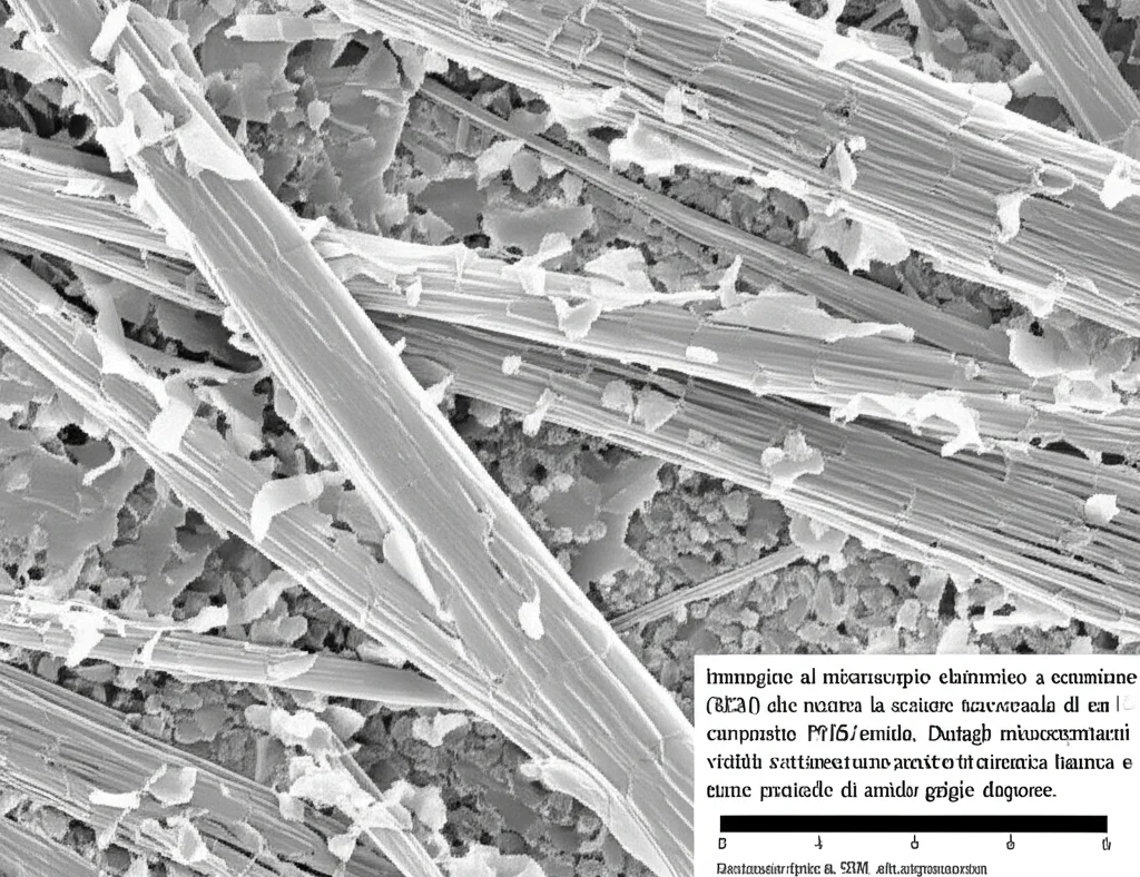 Immagine al microscopio elettronico a scansione (SEM) che mostra la sezione trasversale di un filamento composito PHB/amido. Dettagli microstrutturali visibili, evidenziando la matrice polimerica bianca e alcune particelle di amido grigie disperse. Illuminazione tipica da SEM, alto ingrandimento, scala micrometrica indicata nell'angolo.