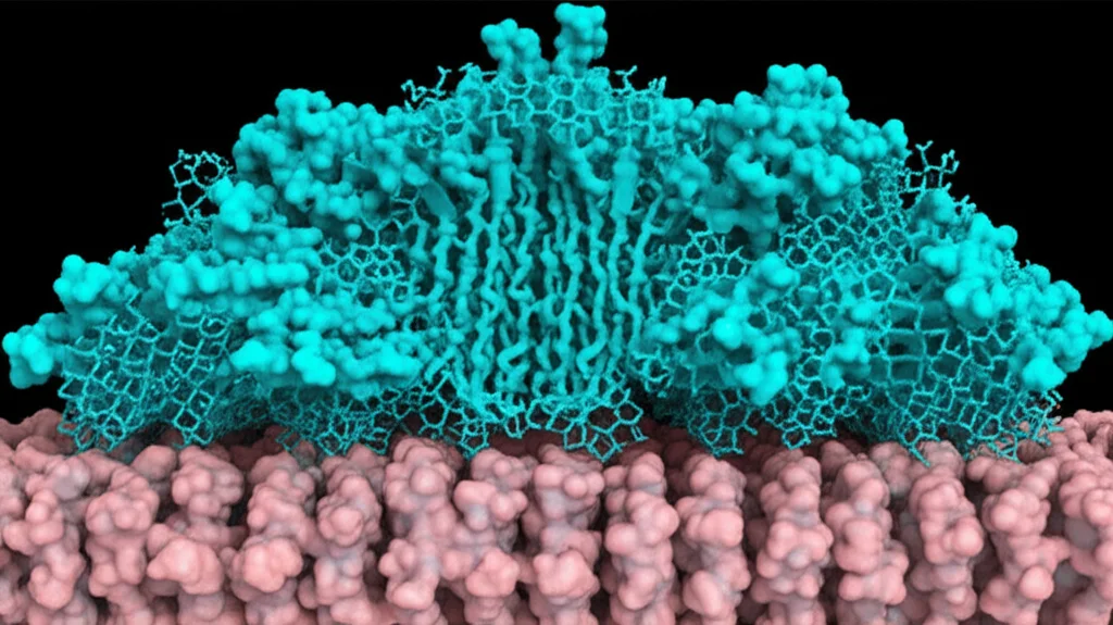 Rendering 3D ad alta definizione della proteina trasportatrice RFVT2 umana, incastonata in un doppio strato lipidico che rappresenta la membrana cellulare. La proteina è mostrata in uno stato conformazionale 'aperto verso l'esterno'. Macro lens, 100mm, illuminazione controllata per evidenziare i dettagli strutturali e la cavità centrale. Alta definizione, messa a fuoco precisa.