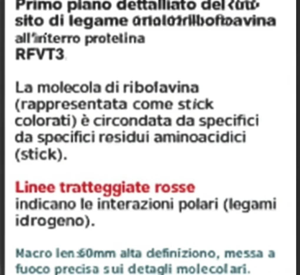 Primo piano dettagliato del sito di legame della riboflavina all'interno della proteina RFVT3. La molecola di riboflavina (rappresentata come stick colorati) è circondata da specifici residui aminoacidici (stick). Linee tratteggiate rosse indicano le interazioni polari (legami idrogeno). Macro lens, 60mm, alta definizione, messa a fuoco precisa sui dettagli molecolari.