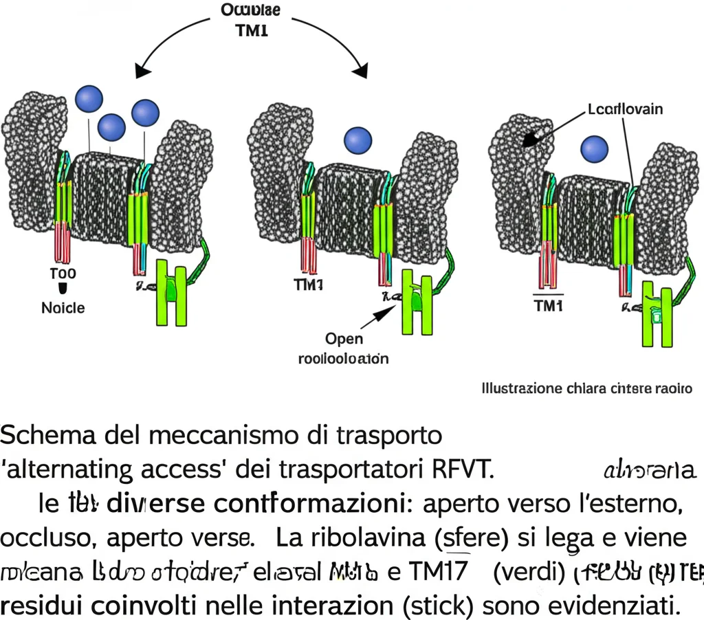 Schema del meccanismo di trasporto 'alternating access' dei trasportatori RFVT. Mostra le diverse conformazioni: aperto verso l'esterno, occluso, aperto verso l'interno. La riboflavina (sfere) si lega e viene rilasciata. Le eliche chiave TM1 e TM7 (verdi) e i residui coinvolti nelle interazioni (stick) sono evidenziati. Illustrazione chiara e schematica.