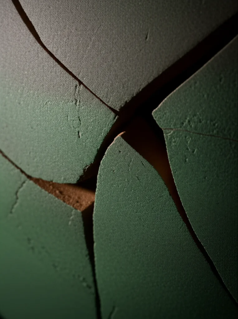 Immagine macro, obiettivo 90mm, di una crepa che si allarga su un vecchio vaso di ceramica simboleggiante una famiglia spezzata. Illuminazione controllata laterale per evidenziare la texture della crepa, alta definizione, messa a fuoco precisa sulla frattura.