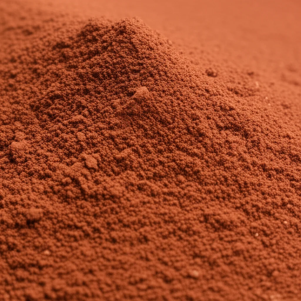 Primo piano macro di polvere di terreno lateritico rosso-marrone finemente macinata, illuminazione controllata per evidenziare la texture fine e granulare, obiettivo macro 100mm, alta definizione, focus preciso sulla polvere.