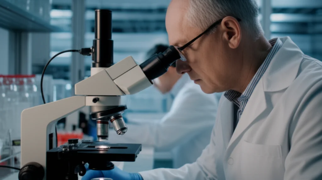 Scienziato in camice bianco che osserva attentamente un campione di polvere di malta sotto un microscopio elettronico in un laboratorio moderno, illuminazione focalizzata sull'area di lavoro, profondità di campo ridotta, obiettivo prime 35mm.