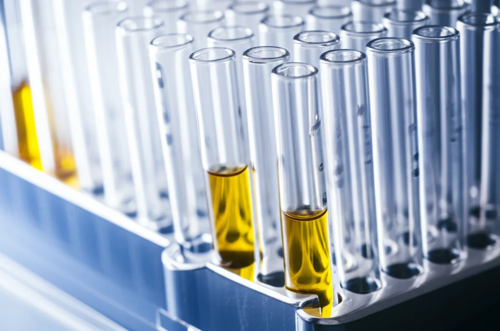 Immagine macro ad alta definizione di provette di sangue in un rack da laboratorio, con focus preciso su una provetta contenente siero separato. Illuminazione controllata per evidenziare la texture del siero. Obiettivo macro 100mm.