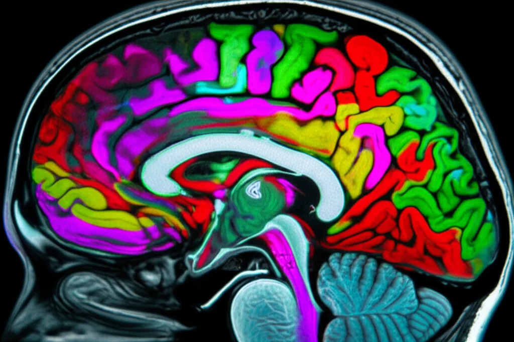 Immagine astratta del cervello umano visualizzata tramite scansione medica avanzata, con colori vivaci che evidenziano diverse densità tissutali. Macro lens, 90mm, high detail, precise focusing, controlled studio lighting.