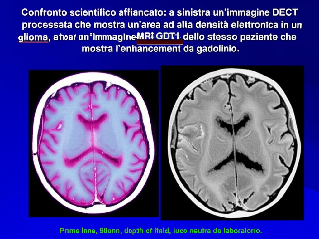 Confronto scientifico affiancato: a sinistra un'immagine DECT processata che mostra un'area ad alta densità elettronica in un glioma, a destra un'immagine MRI GdT1 dello stesso paziente che mostra l'enhancement da gadolinio. Prime lens, 50mm, depth of field, luce neutra da laboratorio.