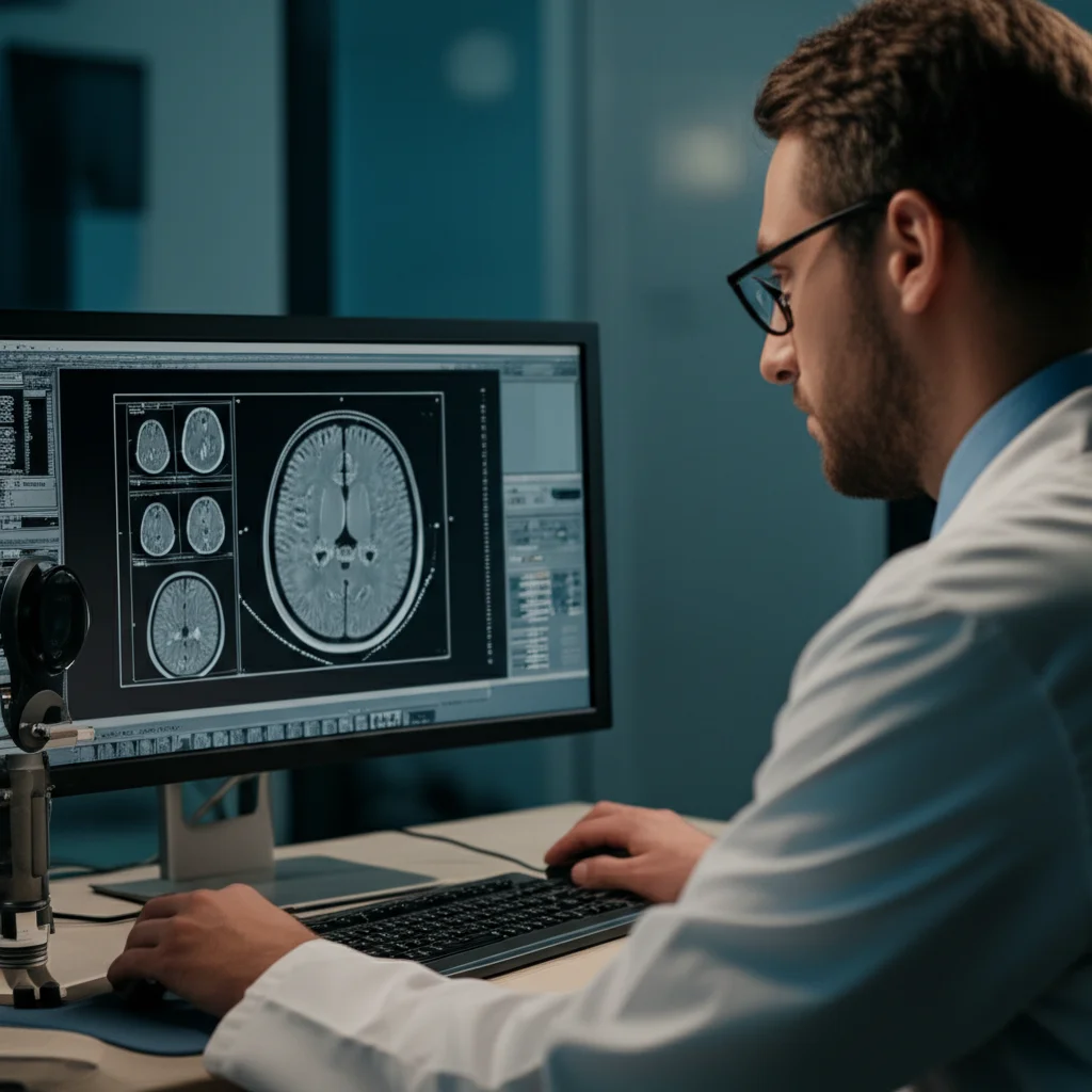 Medico specialista in un ambiente clinico moderno che analizza comparativamente immagini cerebrali DECT e MRI su monitor ad alta risoluzione, discutendo i risultati. Zoom lens, 35mm, film noir style, depth of field.
