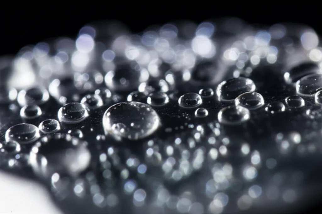 Macro fotografia di goccioline di saliva su una superficie scura, lente macro 100mm, illuminazione laterale controllata per evidenziare la viscosità e le piccole bolle, messa a fuoco estremamente precisa, alto dettaglio.