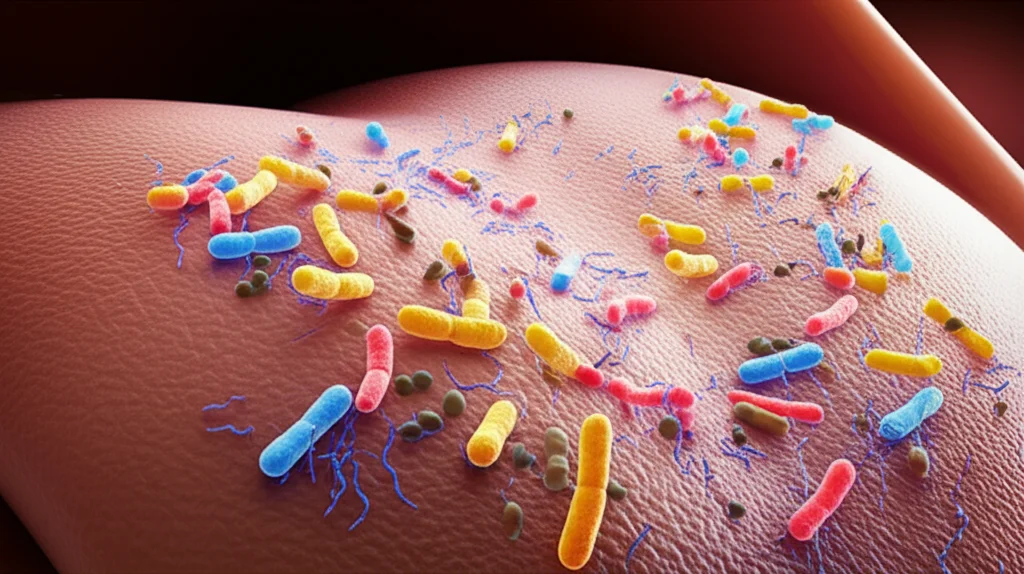 Visualizzazione 3D astratta del microbioma orale, con diverse forme e colori che rappresentano batteri, interagenti tra loro su una superficie simile a quella della lingua, illuminazione suggestiva, stile scientifico ma artistico.