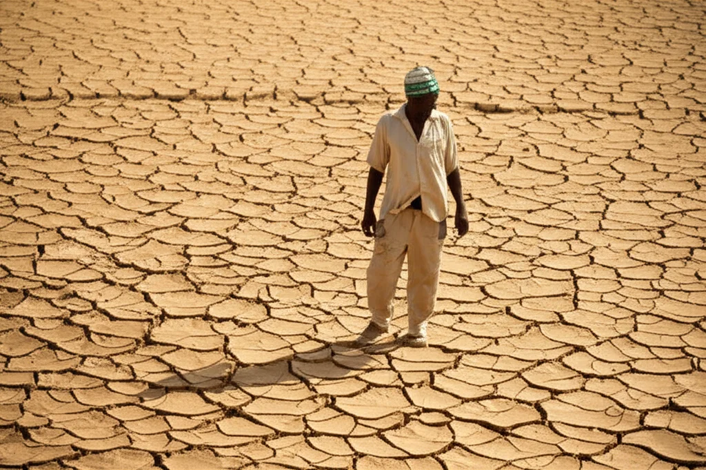 Un campo di riso in Senegal durante la stagione secca, con un agricoltore che guarda preoccupato il terreno arido. Obiettivo grandangolare 24mm, luce naturale dura del mezzogiorno, messa a fuoco nitida sul terreno e sull'agricoltore.