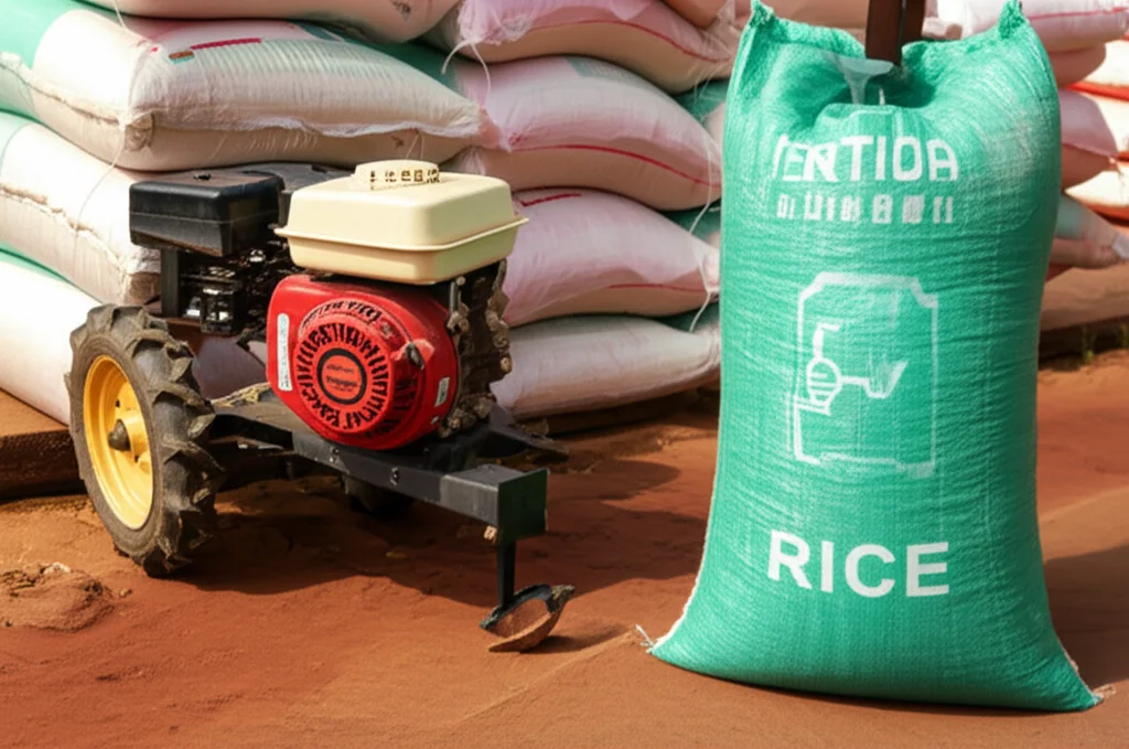 Primo piano di sacchi di fertilizzante e semi di riso migliorati accanto a un piccolo trattore agricolo in un contesto rurale senegalese. Obiettivo macro 90mm, alta definizione, illuminazione controllata per evidenziare le texture.