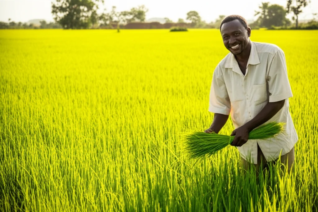 Una rigogliosa risaia verde in Senegal, irrigata, con un agricoltore che sorride mentre controlla le piante. Obiettivo prime 35mm, profondità di campo che sfoca leggermente lo sfondo, luce calda del tardo pomeriggio.