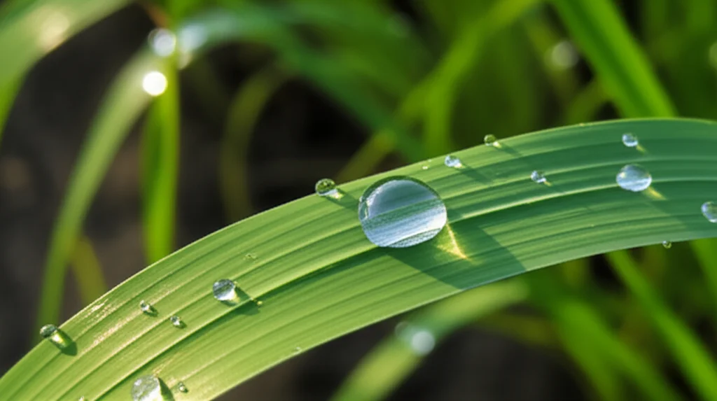 Dettaglio macro di gocce d'acqua su una foglia di riso verde brillante, con terreno sano e scuro sullo sfondo. Obiettivo macro 100mm, messa a fuoco precisa sulla goccia, illuminazione laterale morbida.