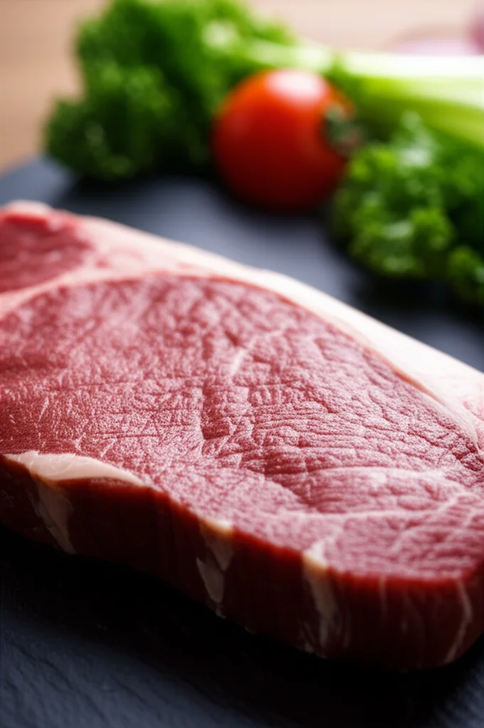 Immagine macro fotorealistica di un pezzo di carne rossa cruda su un tagliere scuro, messa a fuoco precisa sui dettagli della carne. Accanto, fuori fuoco, verdure fresche a simboleggiare un'alternativa salutare. Obiettivo macro 100mm, high detail, controlled lighting.
