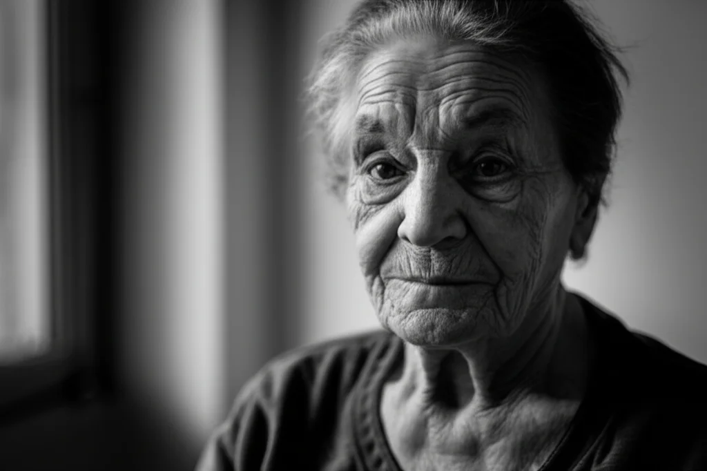 Ritratto fotografico di una donna anziana (circa 75 anni) dall'aspetto saggio e resiliente, che guarda fuori da una finestra con luce naturale morbida. Profondità di campo ridotta che sfoca lo sfondo. Obiettivo prime 35mm, depth of field, black and white film style.