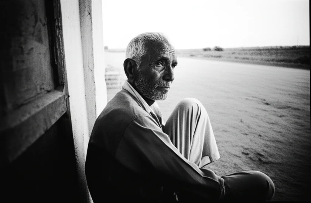 Portrait photography di un uomo anziano indiano seduto su una soglia, sguardo pensieroso verso l'orizzonte. Luce naturale laterale, 35mm lens, depth of field che sfoca lo sfondo di una strada rurale. Stile black and white film.