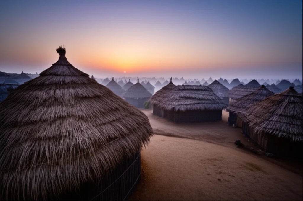 Wide-angle landscape photography di un villaggio rurale indiano all'alba. Nebbia leggera tra le capanne, figure indistinte in lontananza. Wide-angle lens 10-24mm, long exposure per catturare la luce soffusa, sharp focus sulle strutture.