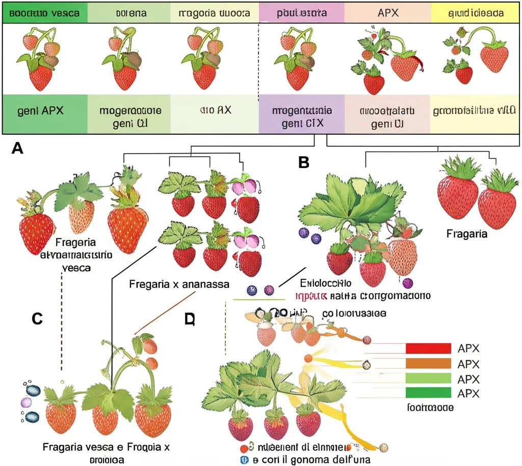 Visualizzazione grafica dei cromosomi di Fragaria vesca e Fragaria x ananassa con evidenziati i geni APX e le relazioni di sintenia tra loro e con il genoma dell'uva, stile infografica scientifica chiara e colorata.