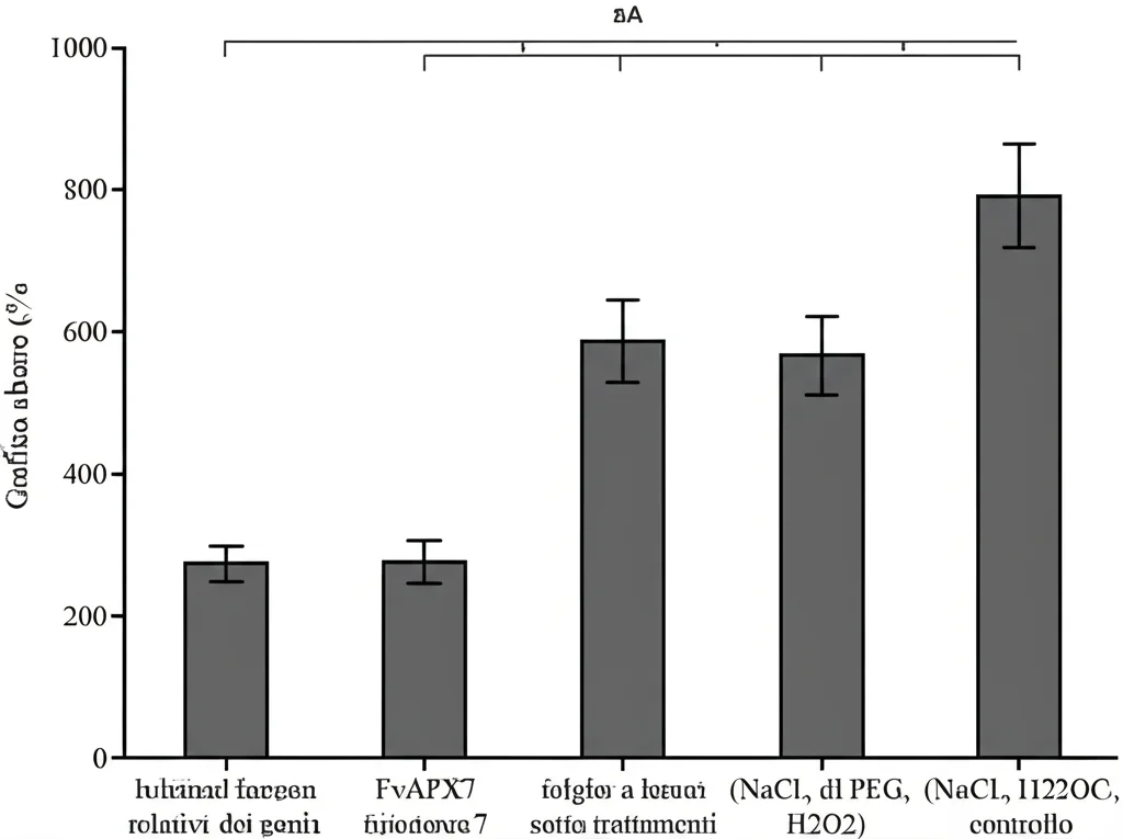 Grafico a barre che mostra i livelli di espressione relativi dei geni FaAPX5 e FvAPX7 in foglie di fragola sotto trattamenti di stress (NaCl, PEG, H2O2) rispetto al controllo, con differenze significative evidenziate.