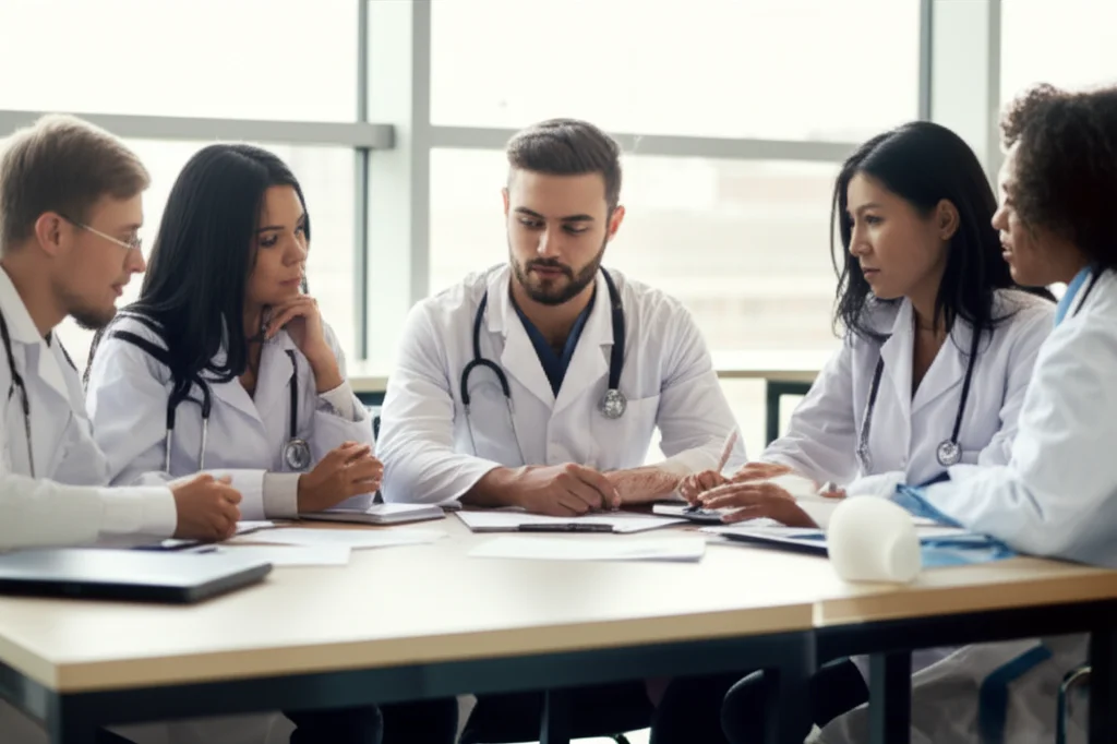 Fotografia di un gruppo diversificato di studenti di medicina in un'aula moderna, impegnati in una discussione etica seria ma costruttiva. Luce naturale soffusa, profondità di campo, obiettivo 35mm, stile documentaristico.