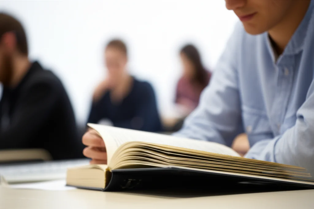 Primo piano sulle mani di uno studente di medicina che sfoglia un libro di etica medica, con sfondo leggermente sfocato di un'aula universitaria. Illuminazione controllata, obiettivo macro 60mm, alta definizione, focus preciso sul testo.