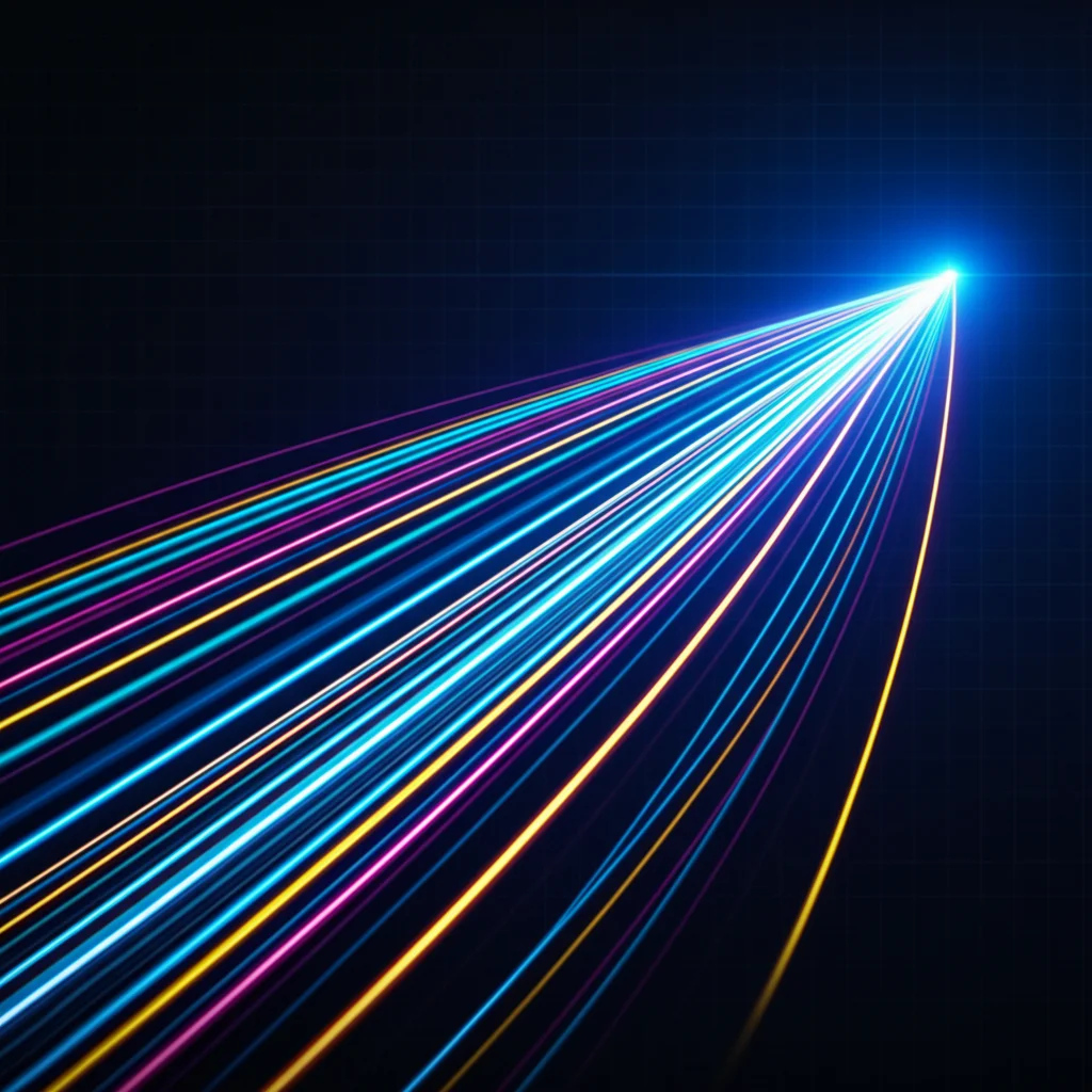 Visualizzazione dati astratta in stile high-tech, una linea luminosa blu (AVCS/CNN) che converge rapidamente verso un punto ottimale superando altre linee colorate più lente e tortuose (altri algoritmi), sfondo scuro con griglia digitale, high detail, precise focusing.
