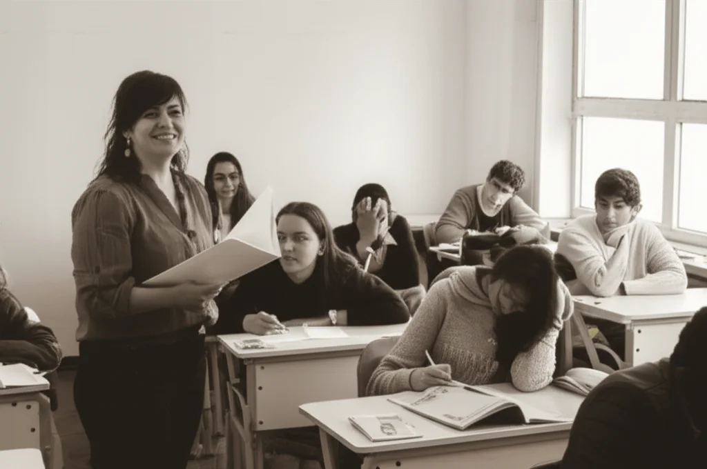 Ritratto di un insegnante di inglese sorridente (donna, circa 35 anni) in un'aula luminosa, mentre interagisce con studenti coinvolti, obiettivo 50mm prime, profondità di campo, bianco e nero con leggeri toni seppia.