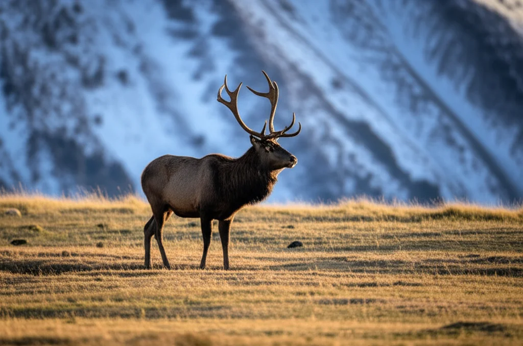 Fotografia naturalistica di un maestoso cervo dalle labbra bianche (Przewalskium albirostris) maschio adulto in piedi su un pendio erboso dell'altopiano del Qinghai-Tibet, teleobiettivo 400mm, luce dorata del tardo pomeriggio, fast shutter speed per catturare dettagli nitidi, sfondo delle montagne innevate leggermente sfocato, action or movement tracking.