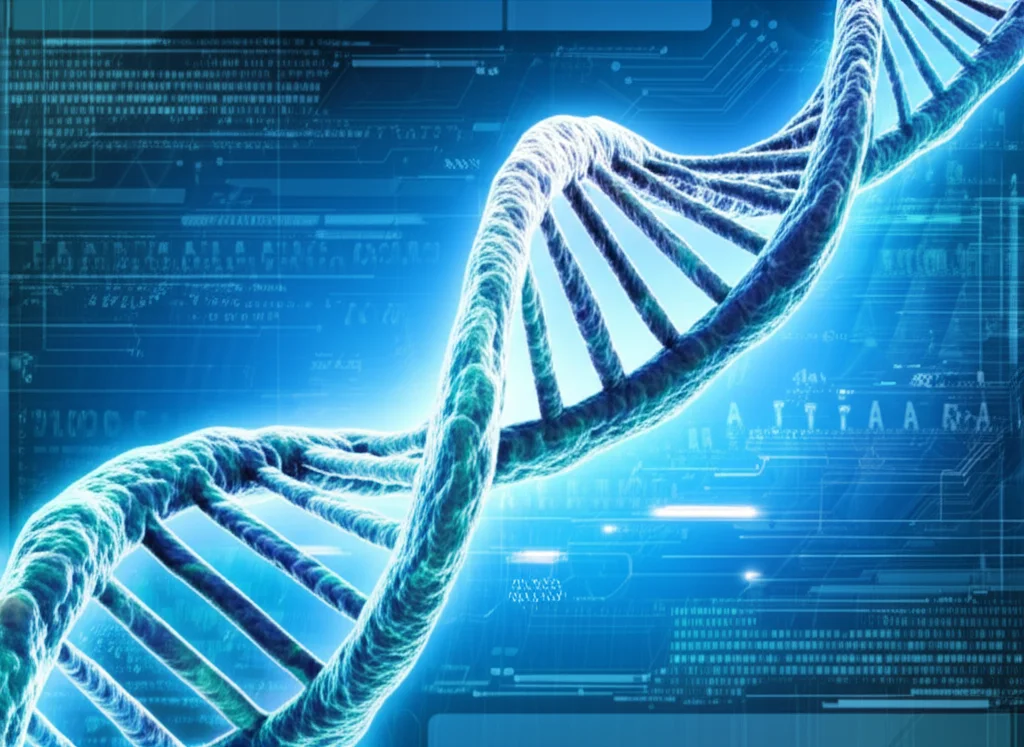 Visualizzazione grafica astratta di una doppia elica di DNA con sovrapposte rappresentazioni stilizzate dei 34 cromosomi del cervo dalle labbra bianche, sfondo digitale blu scuro, illuminazione high-tech, obiettivo macro 100mm, high detail, precise focusing.