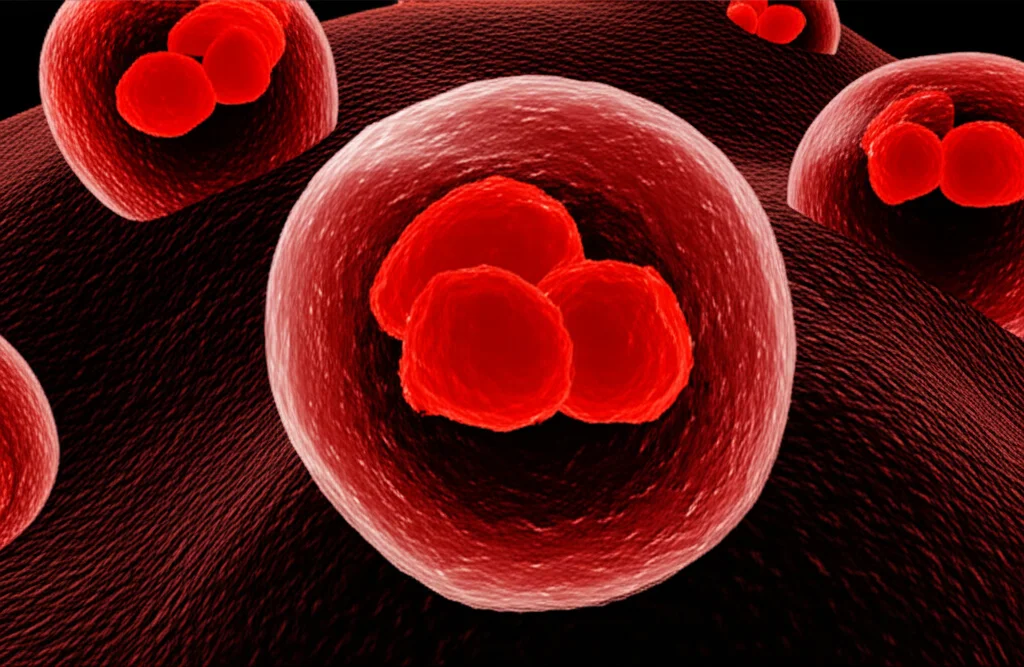 Visualizzazione 3D di cellule di carcinoma epatocellulare (HCC) con la proteina DNAJC7 evidenziata in rosso brillante, che mostra alta espressione. Sfondo scuro e drammatico, illuminazione controllata, lente macro 90mm, alta definizione per evidenziare la struttura cellulare.