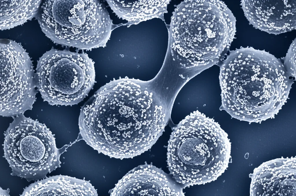 Micrografia elettronica a scansione simulata di cellule HCC in coltura, alcune mostrano segni di arresto in fase S (forma alterata), effetto duotone blu e grigio, profondità di campo ridotta per focalizzare su poche cellule, lente prime 35mm.