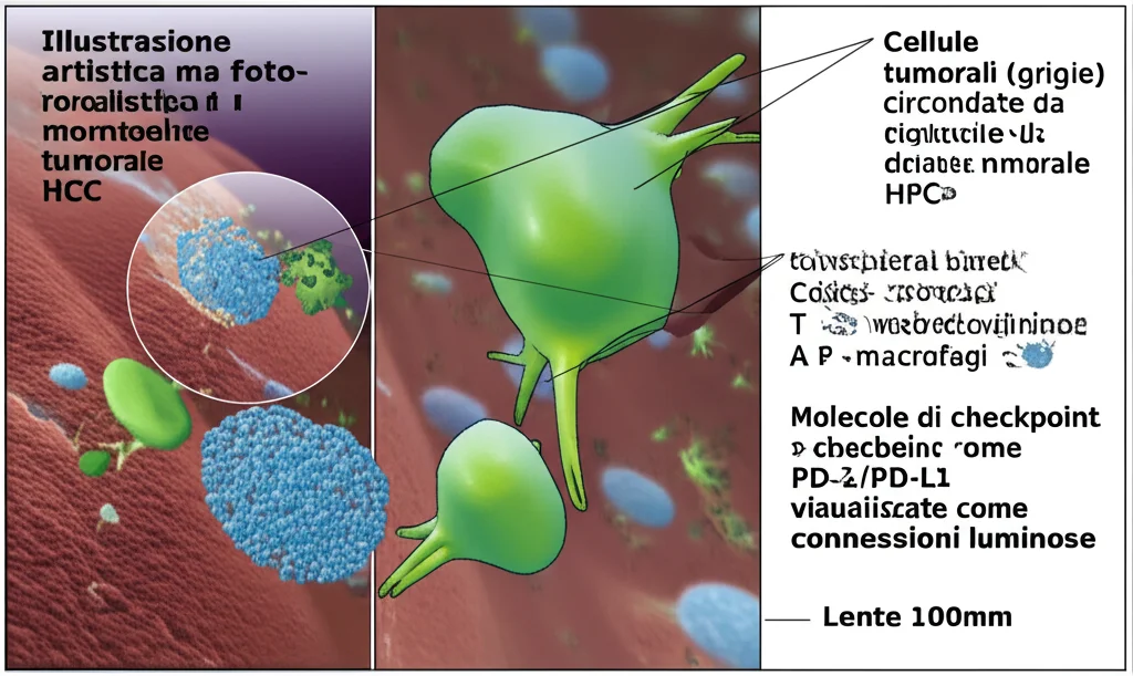 Illustrazione artistica ma fotorealistica del microambiente tumorale HCC. Cellule tumorali (grigie) circondate da diverse cellule immunitarie (linfociti T CD8+ in blu, macrofagi in verde). Molecole di checkpoint come PD-1/PD-L1 visualizzate come connessioni luminose tra cellule. Lente zoom 100mm, illuminazione soffusa.