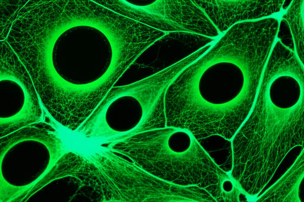Immagine macro di cellule tumorali HNSCC in una piastra di Petri sotto un microscopio, illuminazione controllata ad alto dettaglio, obiettivo macro 100mm, evidenziando la proliferazione cellulare e l'espressione della proteina TMCO1 tramite colorazione specifica (es. fluorescenza verde).