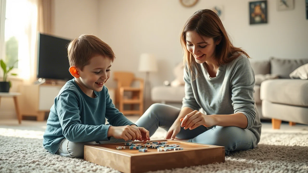 Fotografia realistica di un soggiorno accogliente, una madre sorridente aiuta il figlio di 6 anni con un puzzle sul tappeto, luce calda del pomeriggio, obiettivo prime 35mm, profondità di campo che sfoca leggermente la TV spenta sullo sfondo.