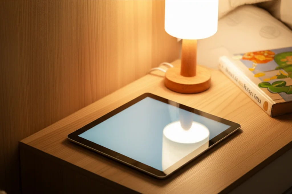 Fotografia realistica stile still life, un tablet spento appoggiato su un comodino di legno in una camera da letto per bambini, accanto a una piccola lampada e un libro, obiettivo macro 80mm, luce soffusa, messa a fuoco precisa sul tablet.