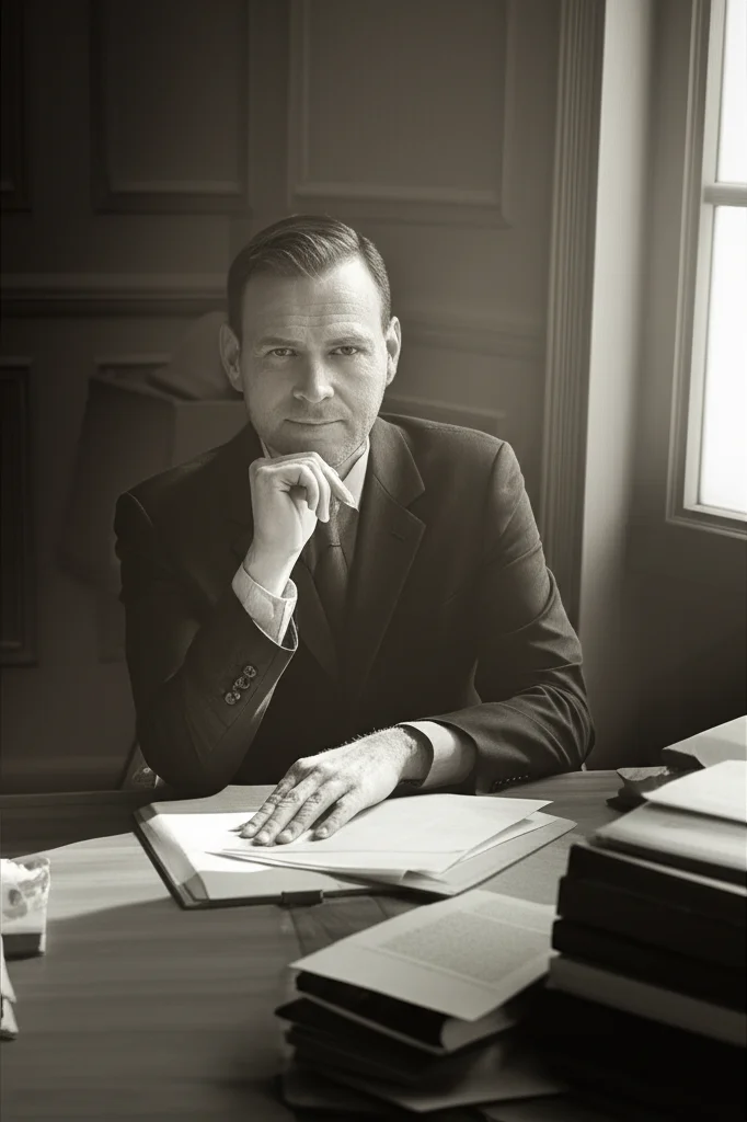 Primo piano ritratto di uno psicologo pensieroso, seduto alla scrivania con libri e appunti, luce soffusa da una finestra laterale. Obiettivo prime 35mm, profondità di campo ridotta, toni bicromatici seppia e grigio.