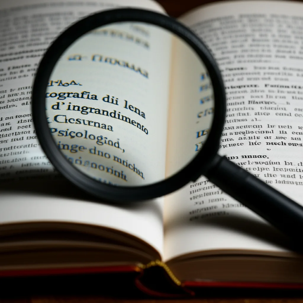 Fotografia macro di una lente d'ingrandimento posata su un testo psicologico aperto, illuminazione controllata per evidenziare i dettagli della carta e del testo. Obiettivo macro 90mm, messa a fuoco precisa.