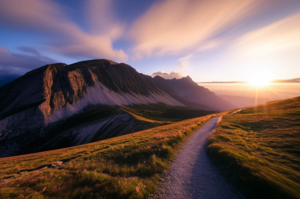 Ampia veduta paesaggistica di un sentiero che si snoda verso montagne illuminate dal sole all'alba, simbolo del percorso di crescita professionale. Obiettivo grandangolare 15mm, messa a fuoco nitida, lunga esposizione per nuvole soffuse.